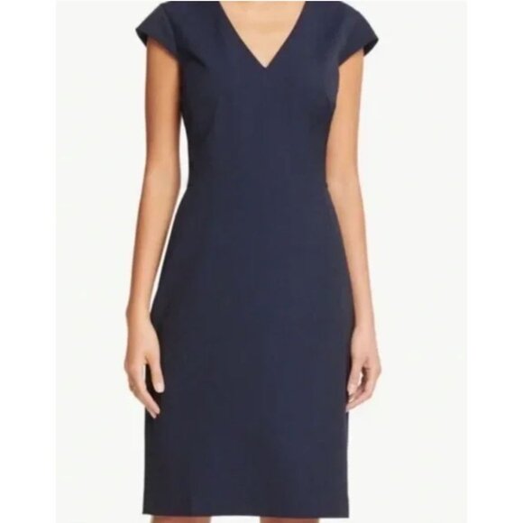 Evan Picone Navy Blue V-Neck Short Sleeve Lined Sheath Size 12 Office Career - Picture 1 of 7